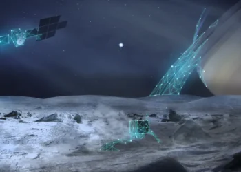 نمای مفهومی از مأموریت آژانس فضایی اروپا شامل مدارگرد و فرودگر روی سطح یخی Enceladus با زحل در پس‌زمینه.