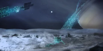 نمای مفهومی از مأموریت آژانس فضایی اروپا شامل مدارگرد و فرودگر روی سطح یخی Enceladus با زحل در پس‌زمینه.