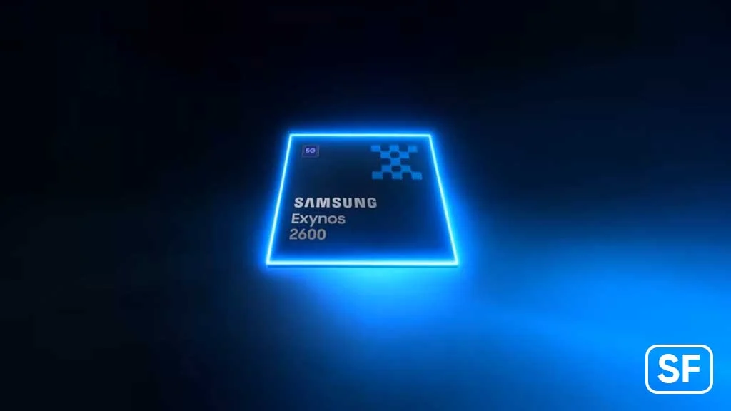 لوگوی گرافیکی و نئونی آبی رنگ برای تراشه "Samsung Exynos 2600" در فضایی تاریک.