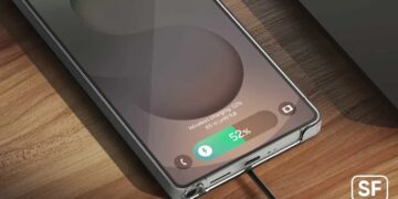 نمای نزدیک از پایین یک گوشی سامسونگ در حال شارژ وایرلس با نمایش درصد باتری ۵۲ درصد روی صفحه.