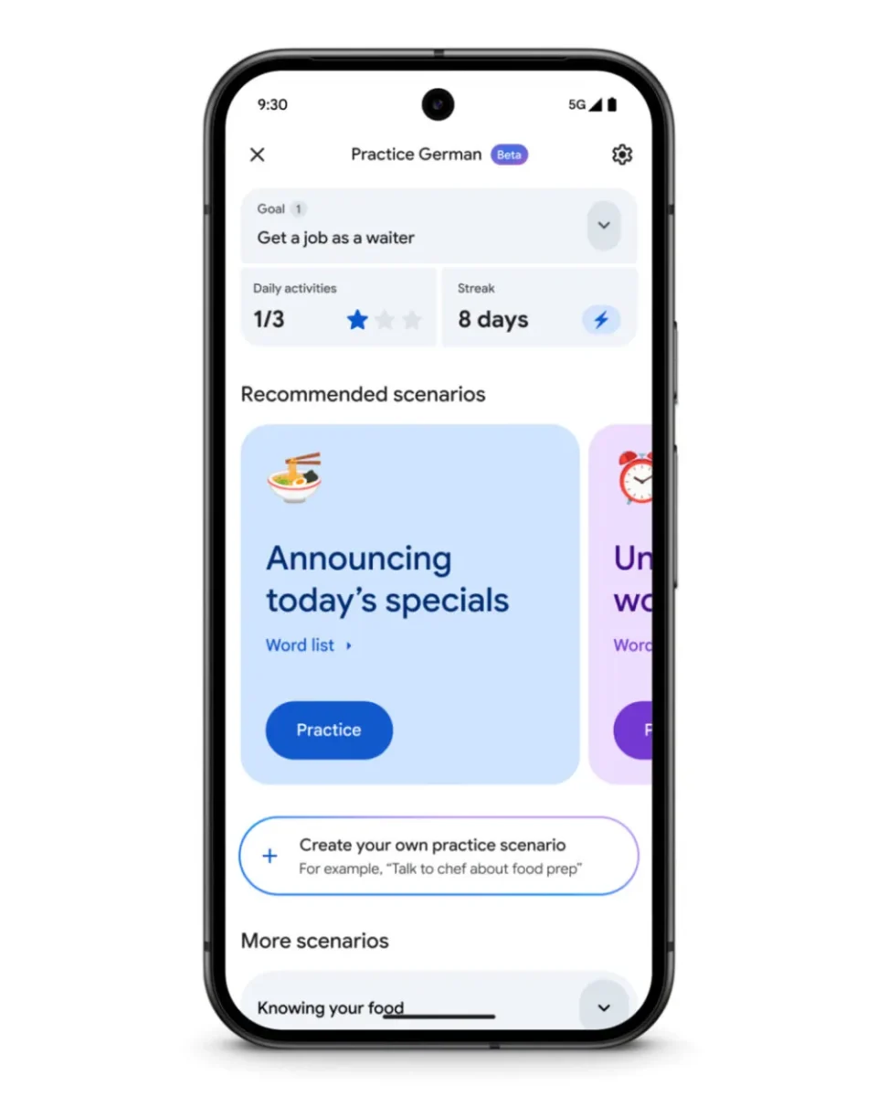 رابط کاربری بخش تمرین زبان (Practice German) که هدفگذاری، «زنجیره روزانه» (Streak) و سناریوهای پیشنهادی مکالمه را نشان میدهد.