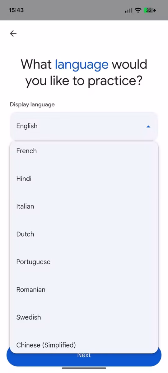 منوی انتخاب زبان نمایش (Display Language) در بخش تمرین گوگل ترنسلیت.