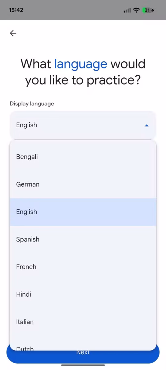 منوی انتخاب زبان نمایش (Display Language) در بخش تمرین گوگل ترنسلیت.