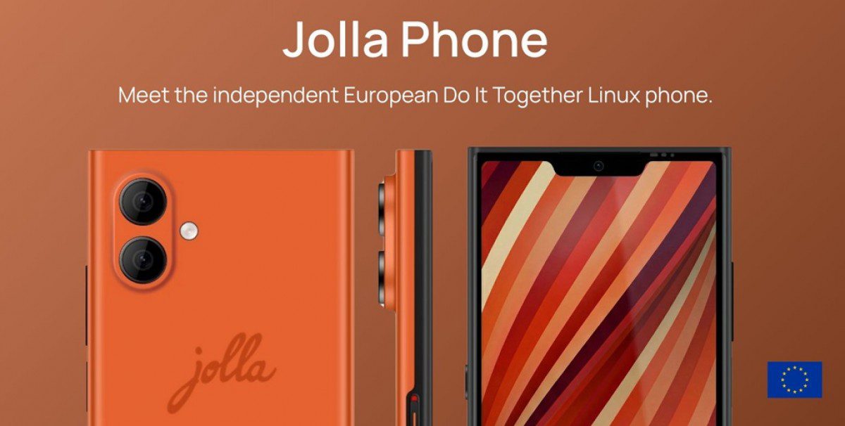 تصویری از گوشی Jolla Phone در رنگ نارنجی همراه توصیف ویژگی‌های این دستگاه: ساخت اروپا و برپایه سیستم عامل لینوکس