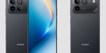 رندر رسمی گوشی Honor با نمایش هم‌زمان نمای جلو و پشت، صفحه‌نمایش تمام‌صفحه با حفره مرکزی و بدنه تیره‌رنگ، تمرکز بر طراحی نمایشگر و چینش ماژول دوربین