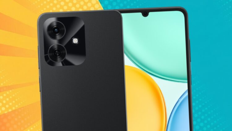 تصویر تبلیغاتی از نمای پشت و جلوی گوشی مشکی آنر Play 10A با پسزمینه نارنجی و آبی.