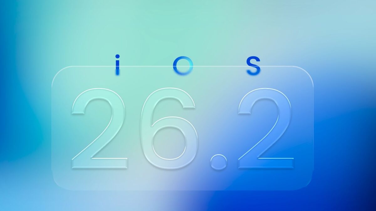 طرح گرافیکی شیشه‌ای با نوشته iOS 26.2 روی پس‌زمینه آبی.