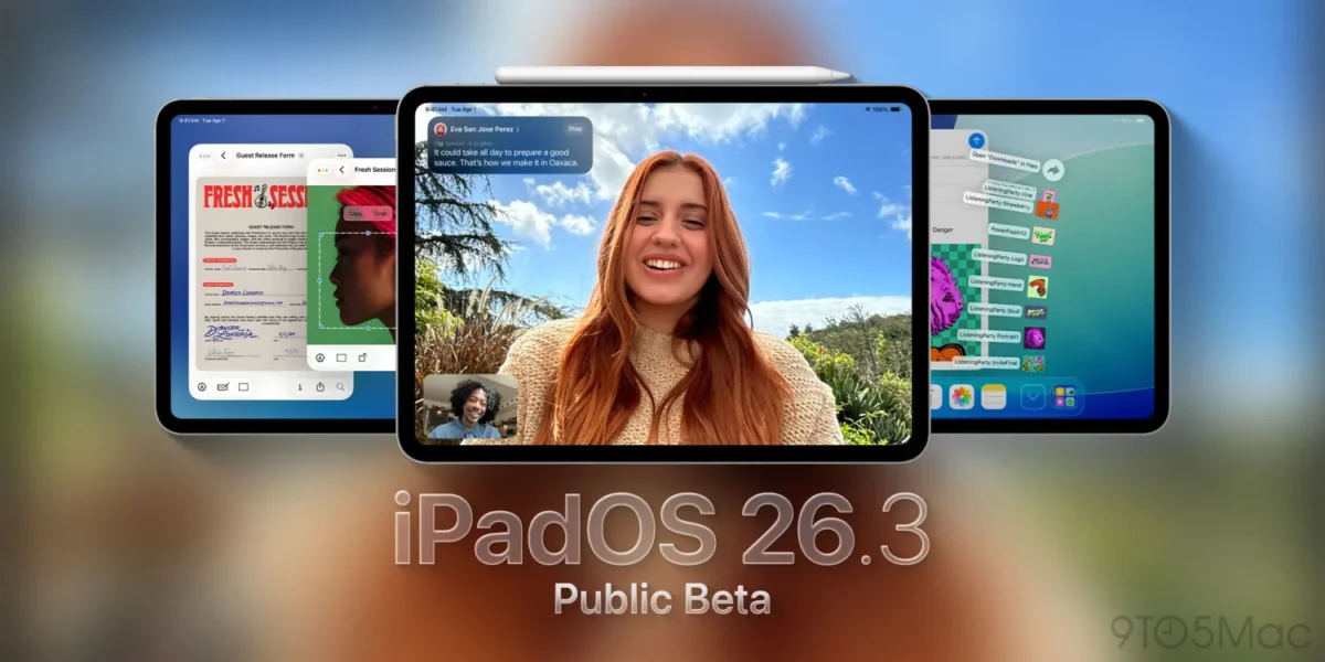 آیپدها در حال اجرای ویژگیهای نسخه بتای عمومی iPadOS 26.3، شامل تماس تصویری و ویرایش فایل.