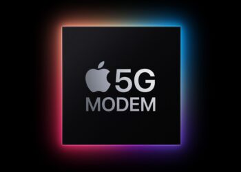 مودم 5G اپل: لوگوی گرافیکی مربعی شکل با عنوان "Apple 5G MODEM" و حاشیه نوری رنگارنگ.