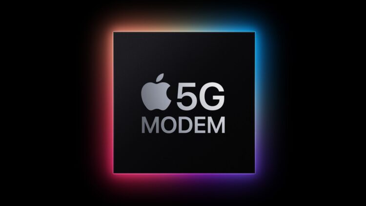 مودم 5G اپل: لوگوی گرافیکی مربعی شکل با عنوان "Apple 5G MODEM" و حاشیه نوری رنگارنگ.