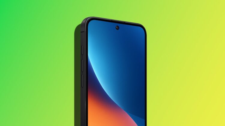 رندر احتمالی آیفون ۱۸ با نمایشگر تمام صفحه و تنها یک حفره کوچک برای دوربین سلفی در پس‌زمینه سبز.