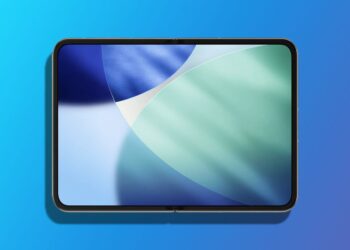 رندر گرافیکی از یک دستگاه تاشوی اپل (آیفون یا آیپد) در حالت کاملاً باز با تصویر پس‌زمینه انتزاعی.