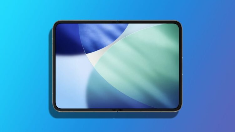 رندر گرافیکی از یک دستگاه تاشوی اپل (آیفون یا آیپد) در حالت کاملاً باز با تصویر پس‌زمینه انتزاعی.