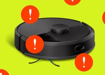 یک جاروبرقی رباتیک در پس‌زمینه سبز که با دایره‌های قرمز و علامت تعجب احاطه شده است.