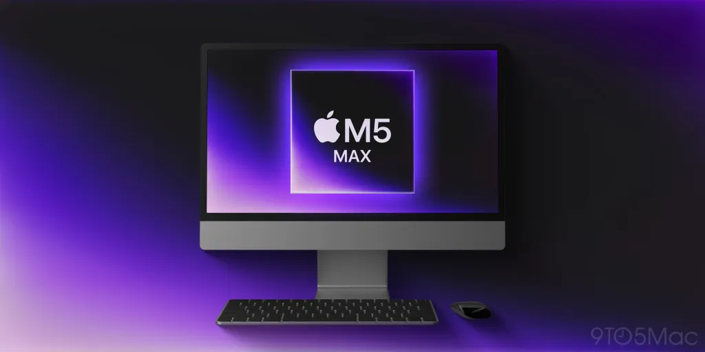 تصویر روبروی کامپیوتر آیمک که روی صفحه نمایش آن لوگوی "Apple M5 MAX" دیده میشود.