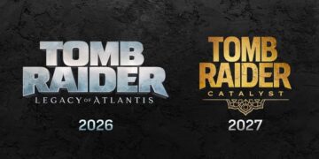 مقایسه آرت رسمی بازی‌های Tomb Raider Legacy of Atlantis با تاریخ انتشار ۲۰۲۶ و Tomb Raider Catalyst با تاریخ انتشار ۲۰۲۷ روی پس‌زمینه تاریک