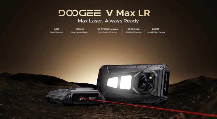 نمایی از گوشی V Max LR مقاوم دوجی و دو چراغ قوه بزرگی که در پشت آن قرار گرفته