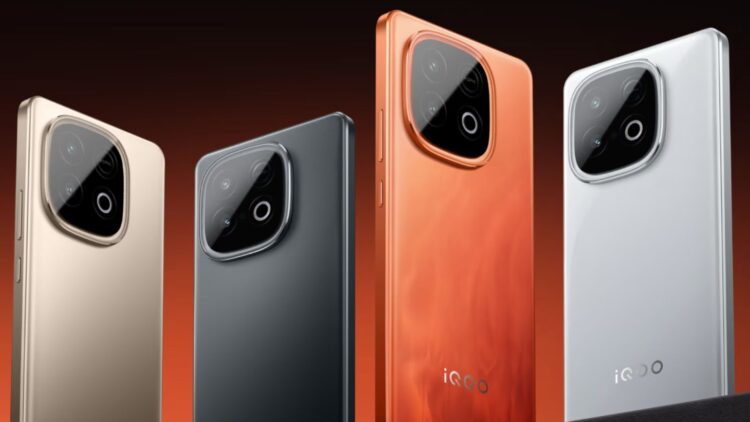 چهار مدل از گوشی‌های iQOO در رنگ‌های طلایی، مشکی، نارنجی و سفید در کنار هم.