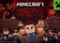 تصویر تبلیغاتی کراس‌اور Minecraft x Stranger Things با سبک بلاکی ماینکرفت، نمایش موجودات فانتزی، فضای تاریک الهام‌گرفته از دنیای Upside Down و لوگوهای Minecraft و Stranger Things
