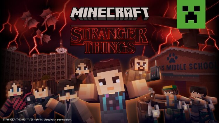 تصویر تبلیغاتی کراس‌اور Minecraft x Stranger Things با سبک بلاکی ماینکرفت، نمایش موجودات فانتزی، فضای تاریک الهام‌گرفته از دنیای Upside Down و لوگوهای Minecraft و Stranger Things