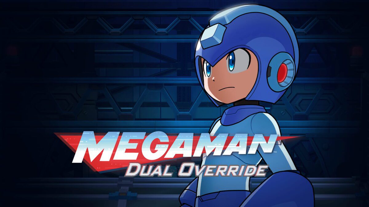 آرت رسمی بازی Mega Man Dual Overdrive با نمایش مگامن در زره آبی کلاسیک و لوگوی بازی روی پس‌زمینه‌ای فناورانه و آینده‌نگر