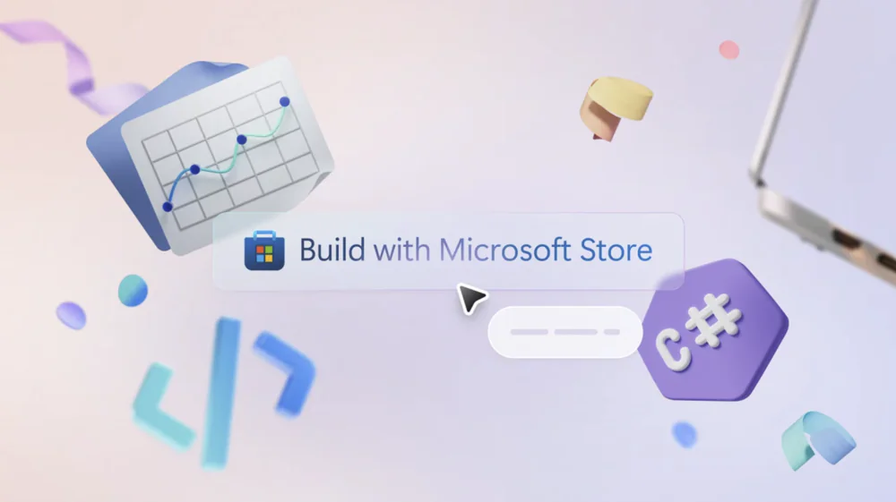 طرح گرافیکی سهبعدی تبلیغاتی با عنوان "Build with Microsoft Store" و نمادهای برنامهنویسی مانند سیشارپ (#C).