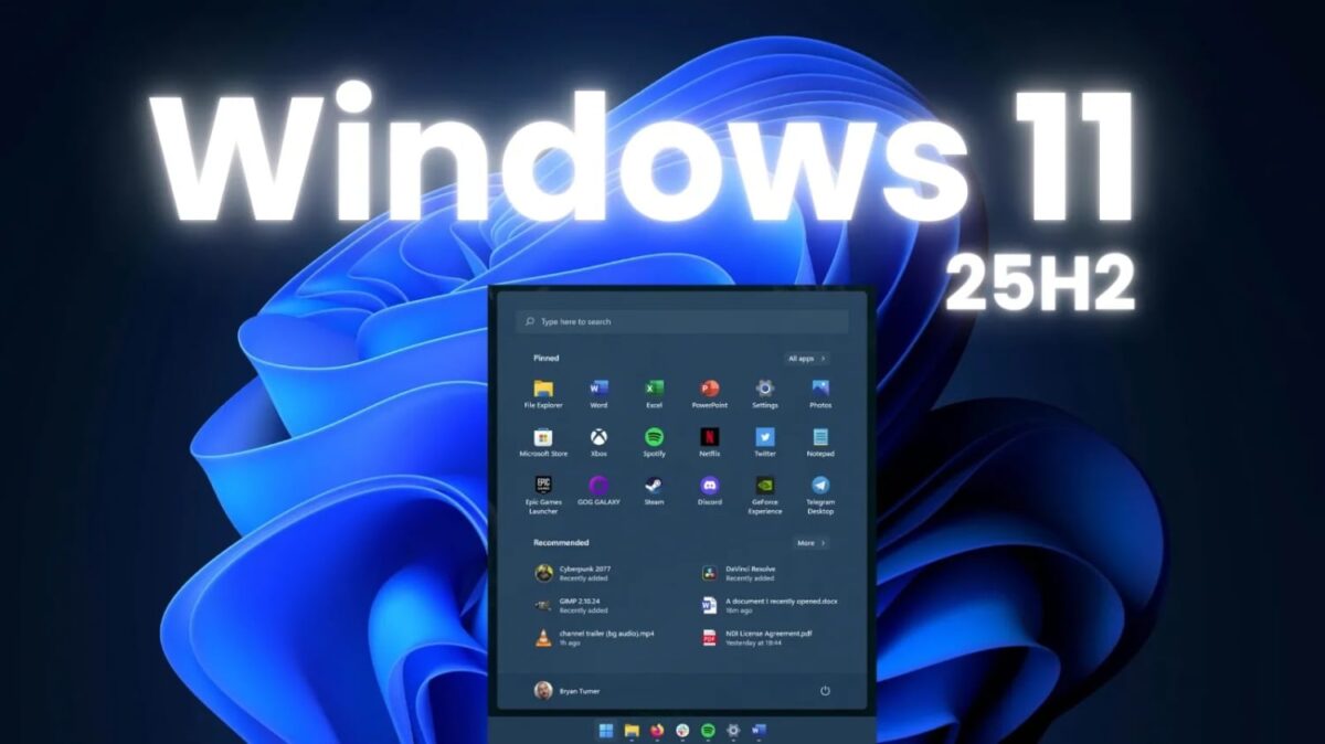 محیط دسکتاپ و منوی استارت ویندوز ۱۱ با تیتر بزرگ "Windows 11 25H2". ۷.