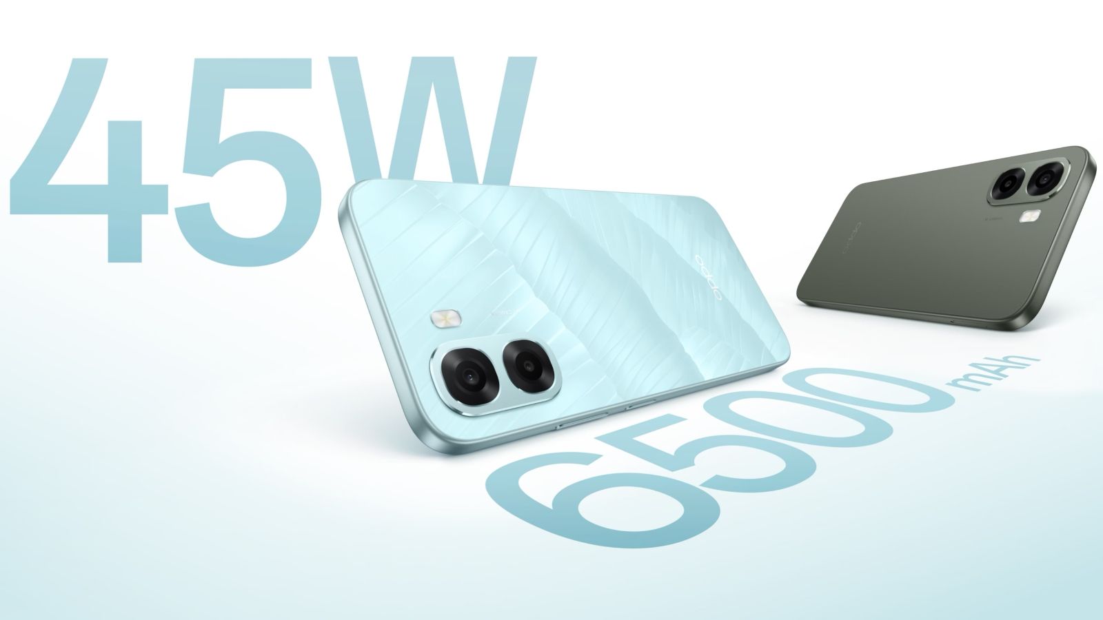 پوستر تبلیغاتی ویژگی‌های باتری گوشی اوپو با اشاره به شارژ سریع ۴۵ وات و ظرفیت باتری بالا.