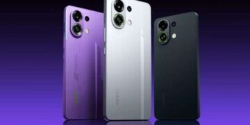 نمای تبلیغاتی گوشی Oppo K13 Turbo در سه رنگ مشکی، نقره‌ای و بنفش، با طراحی تخت، بدنه مات و ماژول دوربین دوگانه حلقه‌ای