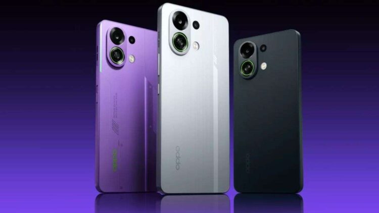 نمای تبلیغاتی گوشی Oppo K13 Turbo در سه رنگ مشکی، نقره‌ای و بنفش، با طراحی تخت، بدنه مات و ماژول دوربین دوگانه حلقه‌ای