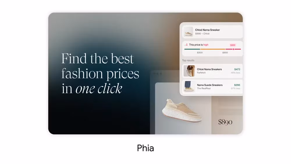 ابزار Phia که بهترین قیمت‌های محصولات مد را از خرده‌فروشان مختلف برای یک کفی زنانه خاص مقایسه می‌کند.