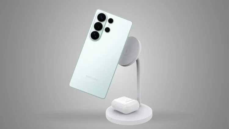 تصویری از سامسونگ گلکسی S26 همراه پایه نگه‌دارنده و شارژر بی‌سیم آن