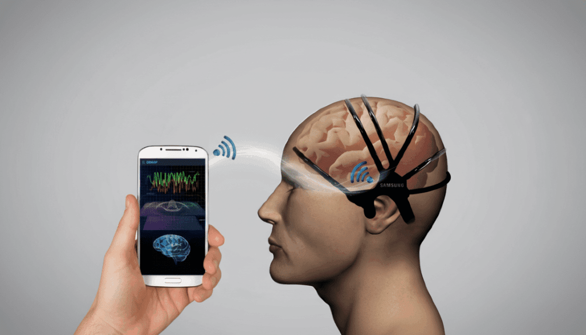 طرح گرافیکی سامسونگ که اتصال بیسیم بین یک گوشی هوشمند و مغز انسان را برای پایش سلامتی نشان میدهد.