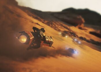 صحنه‌ای سینمایی از مسابقه پرسرعت وسایل نقلیه شناور در دنیای Star Wars روی سیاره‌ای بیابانی، با تعقیب موتورها و افکت‌های نوری پرانرژی