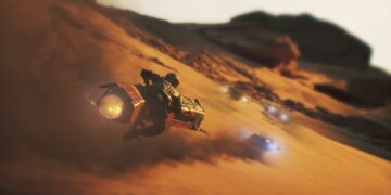 صحنهای سینمایی از مسابقه پرسرعت وسایل نقلیه شناور در دنیای Star Wars روی سیارهای بیابانی، با تعقیب موتورها و افکتهای نوری پرانرژی