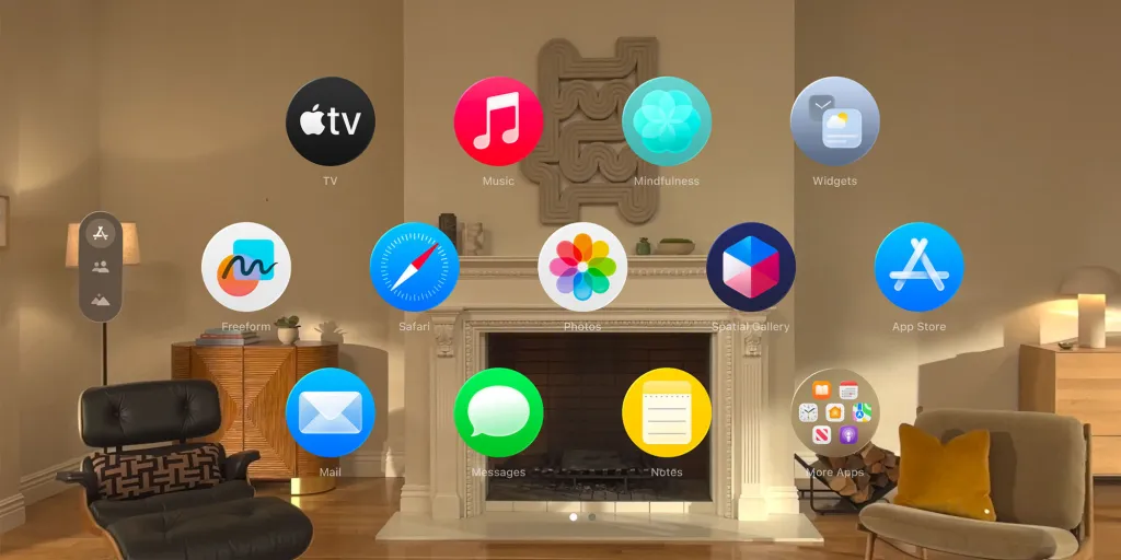 آیکون‌های شناور و دایره‌ای برنامه‌های اپل در محیط واقعیت افزوده یک اتاق نشیمن.