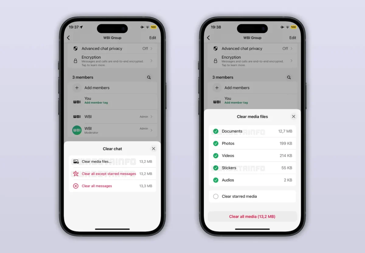 نمای رابط کاربری واتساپ با گزینه‌های جدید پاک‌سازی گفت‌وگو و انتخاب حذف فایل‌های رسانه‌ای شامل اسناد، تصاویر، ویدیوها و استیکرها