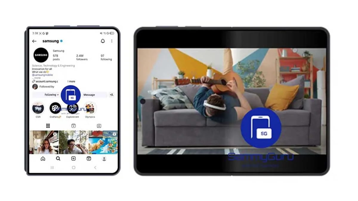 نمای مفهومی از گوشی تاشوی سامسونگ با نمایش رابط اینستاگرام در حالت عمودی و پخش ویدیو در نمایشگر عریض داخلی، نمونهای از تجربه چندرسانهای در گوشیهای Fold آینده
