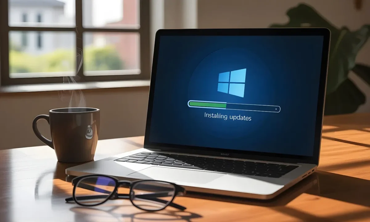 لپ‌تاپ ویندوزی قرارگرفته روی میز کار با نمایش صفحه در حال نصب به‌روزرسانی Windows، نوار پیشرفت آپدیت سیستم‌عامل و فضای کاری خانگی، مناسب محتوای Windows Update و مشکلات آپدیت