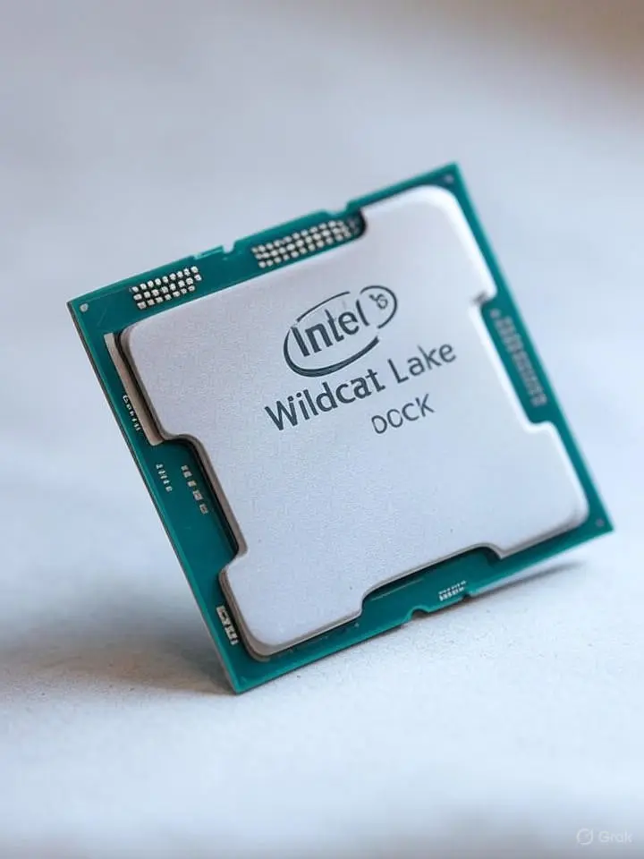 نمای زاویه‌دار از یک پردازنده کامپیوتری اینتل "Intel Wildcat Lake DOCK" که کلاهک فلزی بالای آن دارای نشان Intel است.