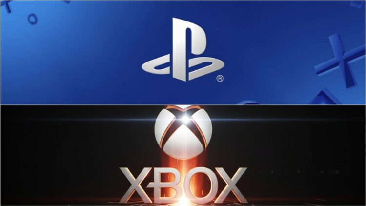 تصویر دو قسمتی که در بالا لوگوی سفید PlayStation روی پس‌زمینه آبی و در پایین لوگوی Xbox با درخشش نارنجی را نشان می‌دهد.