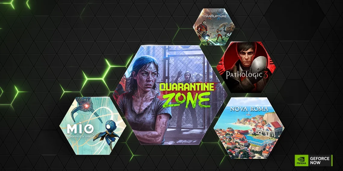 تصویر گرافیکی تبلیغاتی سرویس NVIDIA GeForce NOW با پس‌زمینه شبکه‌ای تیره و چند کاشی شش‌ضلعی شامل کاور بازی‌های مختلف، نمایش لوگوی GeForce NOW در گوشه پایین تصویر