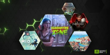 تصویر گرافیکی تبلیغاتی سرویس NVIDIA GeForce NOW با پس‌زمینه شبکه‌ای تیره و چند کاشی شش‌ضلعی شامل کاور بازی‌های مختلف، نمایش لوگوی GeForce NOW در گوشه پایین تصویر