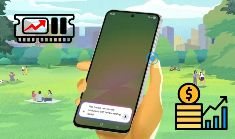 تصویر گرافیکی دستی که یک گوشی را گرفته و آیکون‌هایی که نشان‌دهنده افزایش قیمت قطعات (مانند RAM) و قیمت نهایی محصول هستند.