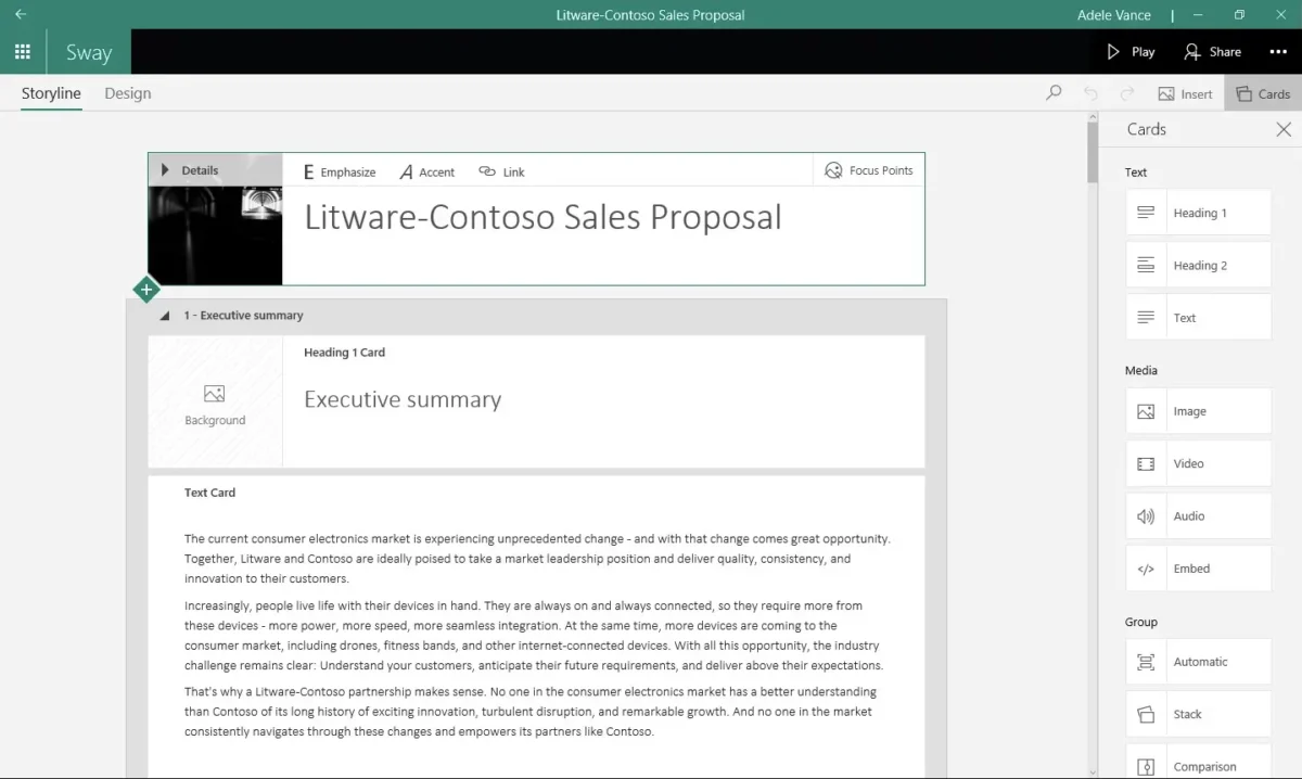 نمای رابط کاربری Microsoft Sway در حالت Design که یک پرزنتیشن تجاری با عنوان Litware‑Contoso Sales Proposal را نمایش می‌دهد؛ اسلاید شامل آمارهای تصویری درصدی، آیکون‌های اینفوگرافیک، نمودار رشد، و پنل Styles در سمت راست با گزینه‌های چیدمان (Vertical، Horizontal، Slides)، شخصی‌سازی تایپوگرافی و رنگ‌بندی است.