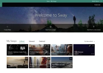 نمای داشبورد اصلی Microsoft Sway در بخش My Sways که صفحه خوش‌آمدگویی Welcome to Sway را نمایش می‌دهد؛ در بالای صفحه گزینه‌های Create New، Start from a topic و Start from a document قرار دارند و در بخش پایین، گالری پروژه‌های ذخیره‌شده با نمای کارت‌ها، عناوین پروژه، تاریخ و وضعیت ویرایش (Edited) قابل مشاهده است.