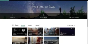 نمای داشبورد اصلی Microsoft Sway در بخش My Sways که صفحه خوش‌آمدگویی Welcome to Sway را نمایش می‌دهد؛ در بالای صفحه گزینه‌های Create New، Start from a topic و Start from a document قرار دارند و در بخش پایین، گالری پروژه‌های ذخیره‌شده با نمای کارت‌ها، عناوین پروژه، تاریخ و وضعیت ویرایش (Edited) قابل مشاهده است.