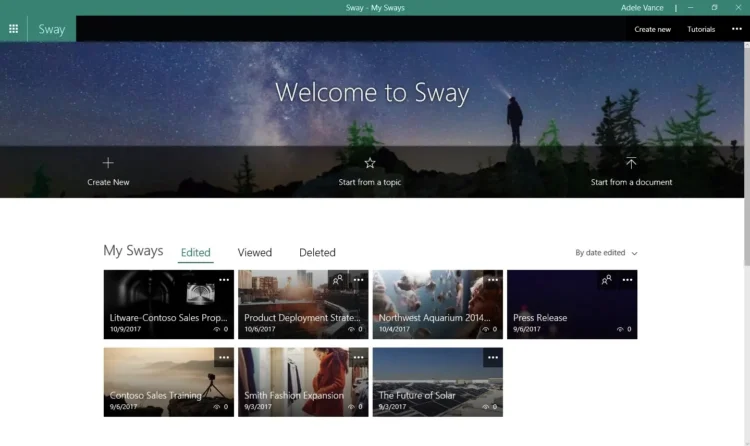 نمای داشبورد اصلی Microsoft Sway در بخش My Sways که صفحه خوش‌آمدگویی Welcome to Sway را نمایش می‌دهد؛ در بالای صفحه گزینه‌های Create New، Start from a topic و Start from a document قرار دارند و در بخش پایین، گالری پروژه‌های ذخیره‌شده با نمای کارت‌ها، عناوین پروژه، تاریخ و وضعیت ویرایش (Edited) قابل مشاهده است.