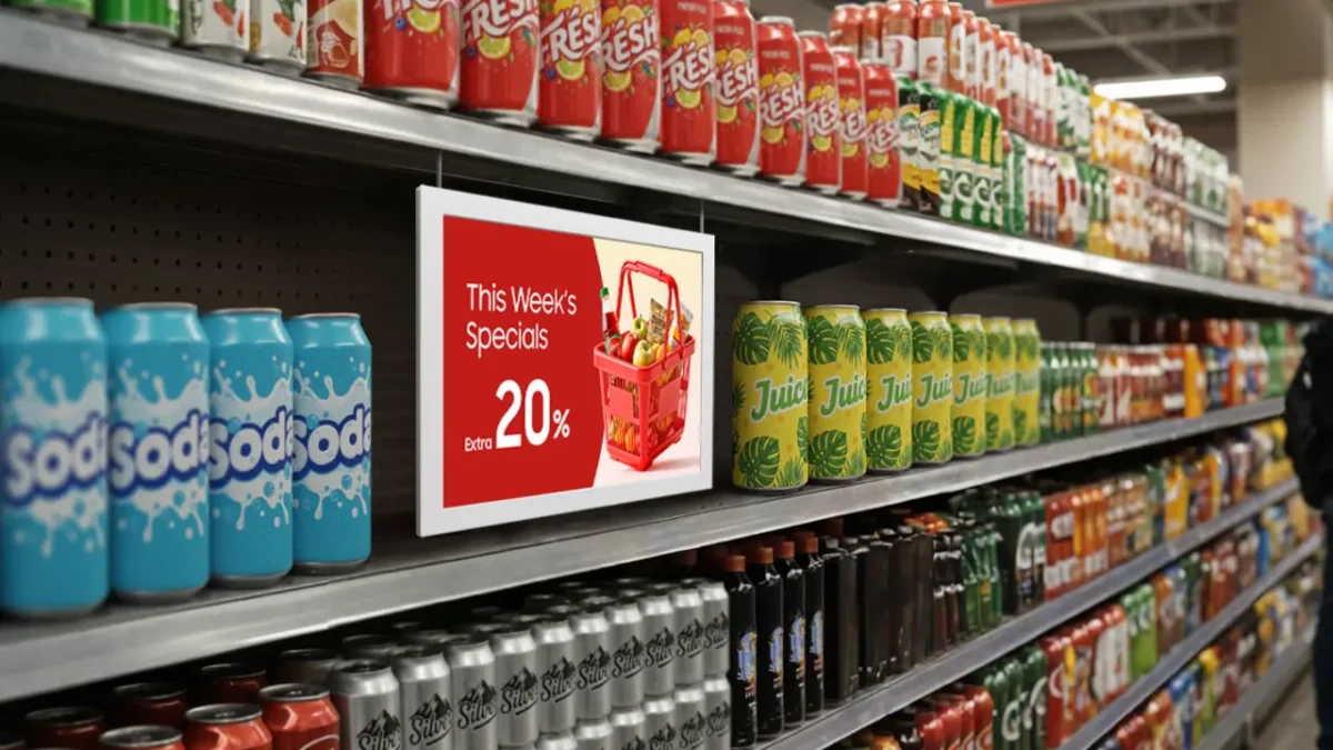 نمای قفسه فروشگاهی شامل محصولات نوشیدنی، با یک نمایشگر Color E‑Paper سامسونگ ۱۳ اینچی نصب‌شده روی قفسه که محتوای تبلیغاتی «This Week’s Specials – Extra 20%» را نمایش می‌دهد؛ تمرکز بر کاربرد نمایشگر کم‌مصرف و سازگار با محیط‌زیست در خرده‌فروشی.