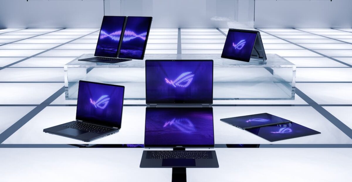 مجموعه‌ای از لپ‌تاپ‌های گیمینگ ASUS ROG سال ۲۰۲۶ در حالت‌های مختلف ایستاده و باز.
